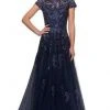Formal Gowns La Femme - Short Sleeves Lace Tulle Evening Gown 26907SC - 1 Pc Navy In Size 16 Available 2 Formal Gowns La Femme - Short Sleeves Lace Tulle Evening Gown 26907SC - 1 Pc Navy In Size 16 Available