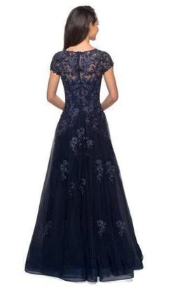 Formal Gowns La Femme - Short Sleeves Lace Tulle Evening Gown 26907SC - 1 Pc Navy In Size 16 Available