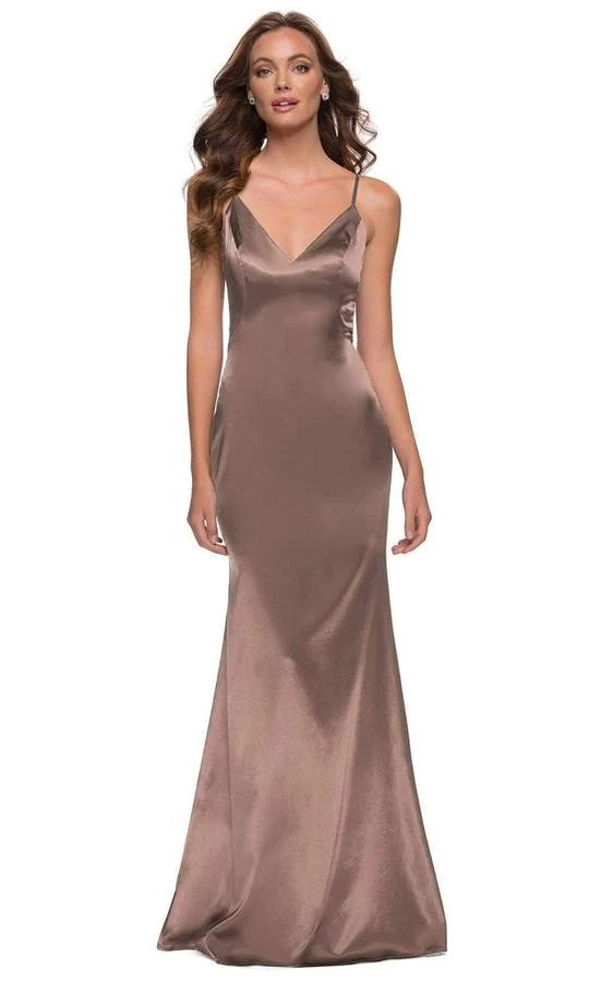 La Femme - Sleeveless V-Neck Fitted Satin Long Dress 29960SC - 1 Pc Nude In Size 4 Available Formal Gowns 3 La Femme - Sleeveless V-Neck Fitted Satin Long Dress 29960SC - 1 Pc Nude In Size 4 Available Formal Gowns