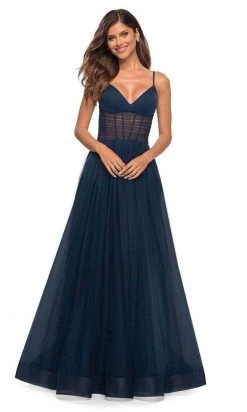 Formal Gowns La Femme - Spaghetti Strap A-Line Prom Gown 30334SC - 1 Pc Navy In Size 6 Available