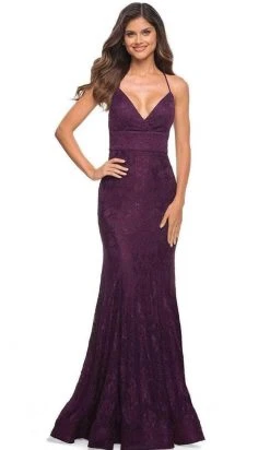 Formal Gowns La Femme - Strappy Back Lace Prom Gown 30442SC - 1 Pc Dark Berry In Size 4 Available