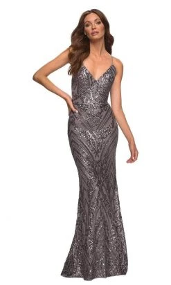 Formal Gowns La Femme - Strappy Back Sequin Prom Gown 30496SC - 1 Pc Gunmetal In Size 2 Available