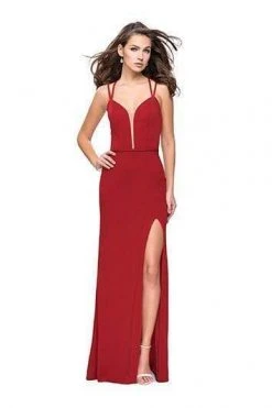 La Femme - Strappy Deep V-neck Sheath Dress 26023SC - 1 Pc Red In Size 0 Available Formal Gowns