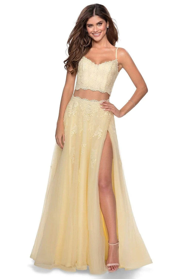 Formal Gowns La Femme - Two Piece Floral Adorned Tulle A-line Gown 2871SC - 1 Pc Pale Yellow In Size 4 Available 3 Formal Gowns La Femme - Two Piece Floral Adorned Tulle A-line Gown 2871SC - 1 Pc Pale Yellow In Size 4 Available