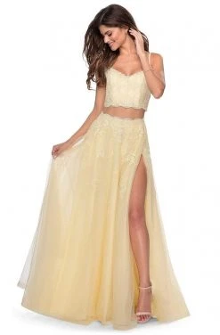 Formal Gowns La Femme - Two Piece Floral Adorned Tulle A-line Gown 2871SC - 1 Pc Pale Yellow In Size 4 Available