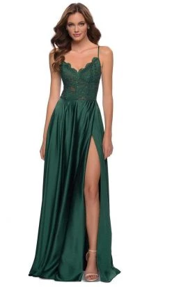 La Femme - V Neck A-Line Dress With Slit 29760SC - 1 Pc Navy In Size 6 Available Formal Gowns