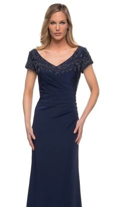 La Femme - V-Neck Fitted Evening Dress 28321SC - 1 Pc Navy In Size 12 Available Formal Gowns