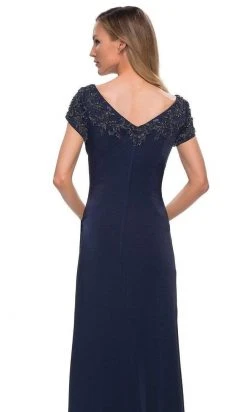 La Femme - V-Neck Fitted Evening Dress 28321SC - 1 Pc Navy In Size 12 Available Formal Gowns