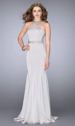 La Femme - Yoke Halter Neck Long Mermaid Gown 24485SC - 1 Pc Silver In Size 8 Available Formal Gowns
