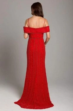 Formal Gowns Lara Dresses - 29850 Bedazzled Off-Shoulder Sheath Dress With Train