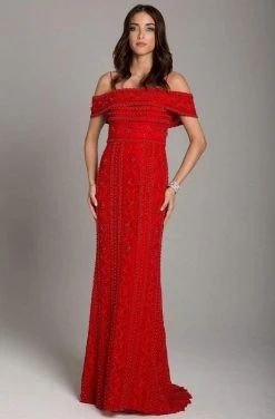 Formal Gowns Lara Dresses - 29850 Bedazzled Off-Shoulder Sheath Dress With Train