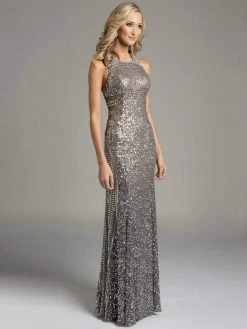 Lara Dresses - 33002 Halter Neck Sheer Panel Silver Evening Gown