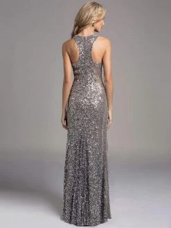 Lara Dresses - 33002 Halter Neck Sheer Panel Silver Evening Gown