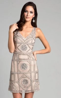 Lara Dresses - 33405 Bejeweled V-neck Sheath Dress Cocktail Dresses