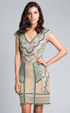 Lara Dresses - 33441 V-Neck Embellished Mini Dress Cocktail Dresses