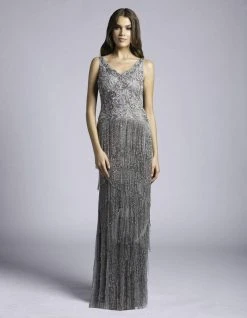 Formal Gowns Lara Dresses - 33614 Embellished V-neck Fringed Gown