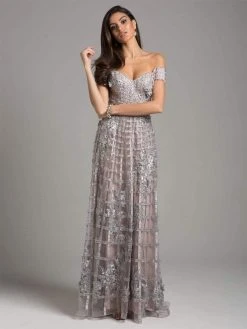 Formal Gowns Lara Dresses - 33650 Floral Appliqued Off Shoulder Gown 8 Formal Gowns Lara Dresses - 33650 Floral Appliqued Off Shoulder Gown