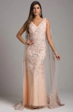 Formal Gowns Lara Dresses - Embellished V-neck Sheath Dress With Cape 29969 - 2 Pcs Blush In Size 12 And 14 Available