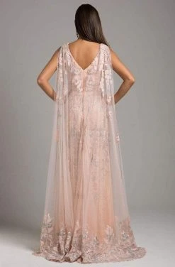 Formal Gowns Lara Dresses - Embellished V-neck Sheath Dress With Cape 29969 - 2 Pcs Blush In Size 12 And 14 Available