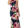 Lenovia - 5181 Floral Printed Halter Trumpet Dress With Slit