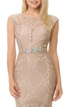 Formal Gowns Lenovia - Lace Cap Sleeve Jewel Neck Mermaid Dress 5199 - 1 Pc Ivory In Size M Available