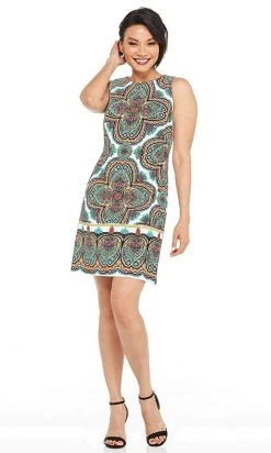 Cocktail Dresses London Times - T3327M Multi-Print Scoop Neck Shift Dress