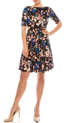 London Times - T3760M Floral Bateau A-Line Cocktail Dress