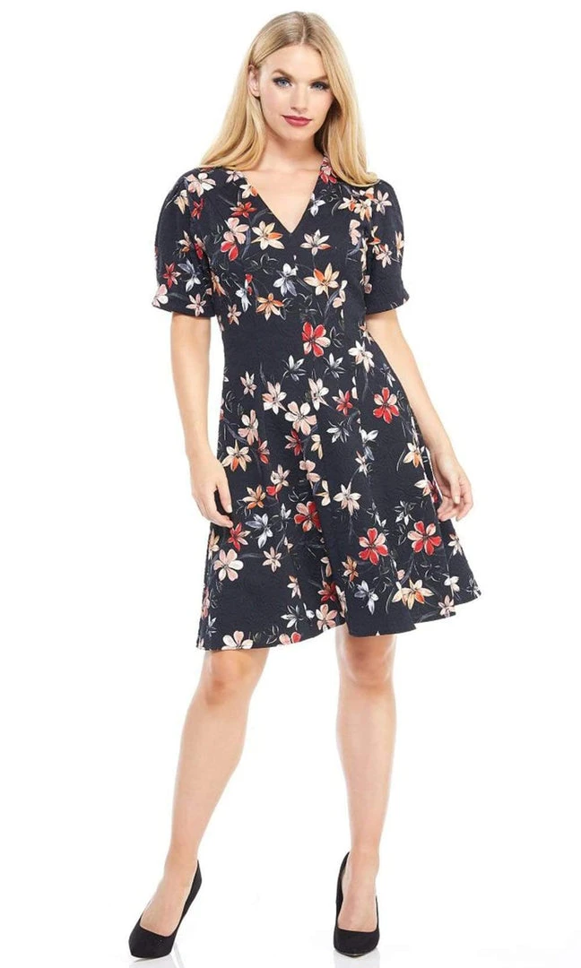 London Times - T3783M Floral Short Sleeve Fit And Flare Jacquard Dress 3 London Times - T3783M Floral Short Sleeve Fit And Flare Jacquard Dress