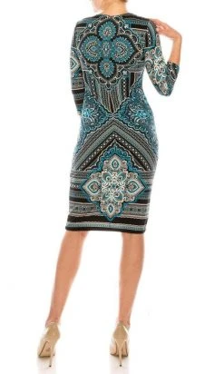 London Times - T3863P Quarter Sleeve Jewel Neck Damask Print Dress Cocktail Dresses