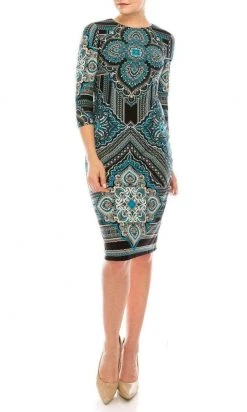 London Times - T3863P Quarter Sleeve Jewel Neck Damask Print Dress Cocktail Dresses