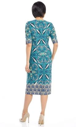 London Times - T3864M Quarter Sleeve Multi Print Tea Length Dress Cocktail Dresses