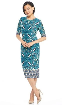 London Times - T3864M Quarter Sleeve Multi Print Tea Length Dress Cocktail Dresses