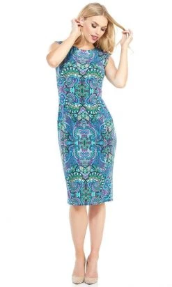 Cocktail Dresses London Times - T3865M Multi Print Fitted Jewel Neck Jersey Dress