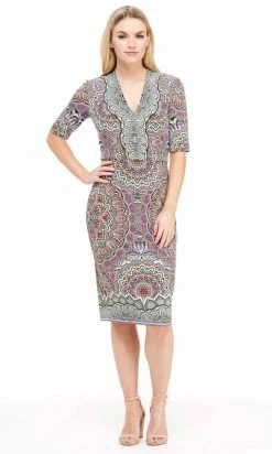 Cocktail Dresses London Times - T3961M V-Neck Medallion Print Jersey Midi Sheath Dress