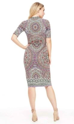 Cocktail Dresses London Times - T3961M V-Neck Medallion Print Jersey Midi Sheath Dress