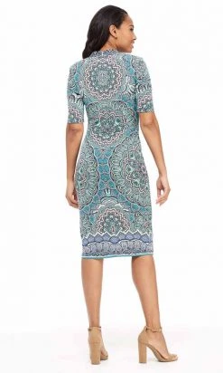 Cocktail Dresses London Times - T3961M V-Neck Medallion Print Jersey Midi Sheath Dress