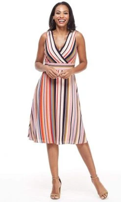 London Times - T4380M Striped Sleeveless Surplice V Neck A-Line Dress