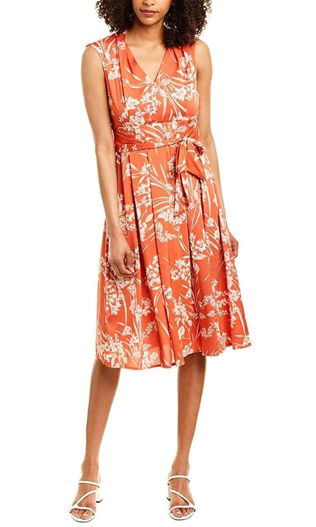 London Times - T4508M Knee Length Floral Print Tie Front Satin Dress 3 London Times - T4508M Knee Length Floral Print Tie Front Satin Dress