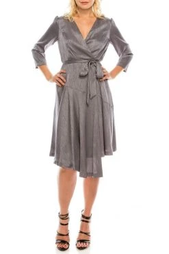 London Times - T4791M Three Quarter Sleeve Twill Faux Wrap Dress Cocktail Dresses