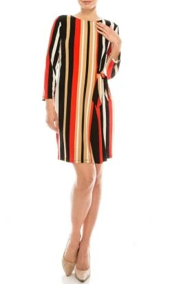 London Times - T4797M Long Sleeve Multi-Color Striped Shift Dress