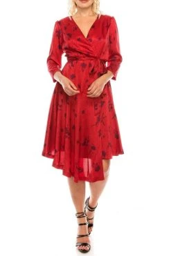 Cocktail Dresses London Times - T4896M Three Quarter Sleeve Twill Faux Wrap Dress