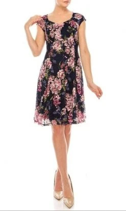Cocktail Dresses London Times - T4934M Cap Sleeves Floral Print A-Line Dress