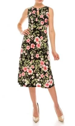 Cocktail Dresses London Times - T5247M Floral Print Jewel Tea Length Dress