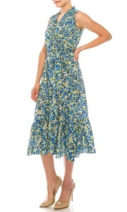 London Times - T5325M V Neck Floral A-Line Dress