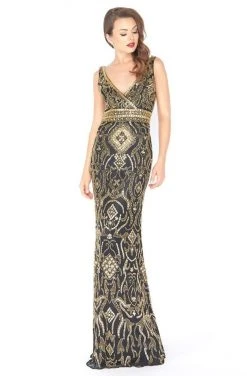 Mac Duggal - 4595R Gold Embellished V-neck Sheath Dress Formal Gowns