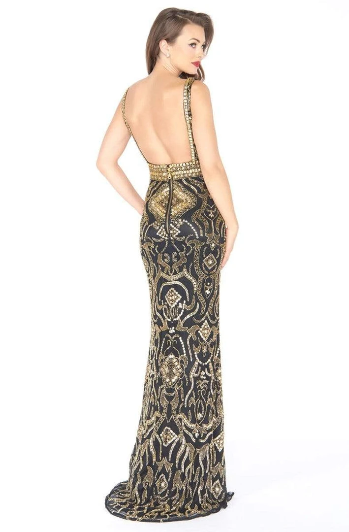 Mac Duggal - 4595R Gold Embellished V-neck Sheath Dress Formal Gowns 4 Mac Duggal - 4595R Gold Embellished V-neck Sheath Dress Formal Gowns