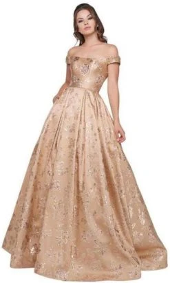 Formal Gowns Mac Duggal Ballgowns - 40893H Off Shoulder Floral Brocade Ballgown