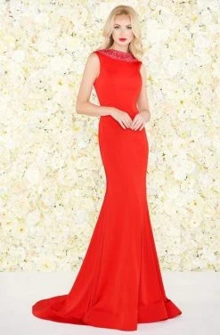 Mac Duggal - Beaded Rolled Collar Mermaid Evening Gown 12094R - 1 Pc Red In Size 10 Available