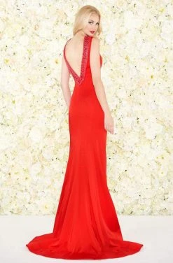 Formal Gowns Mac Duggal Black White Red - 12094R Beaded Rolled Collar Jersey Gown