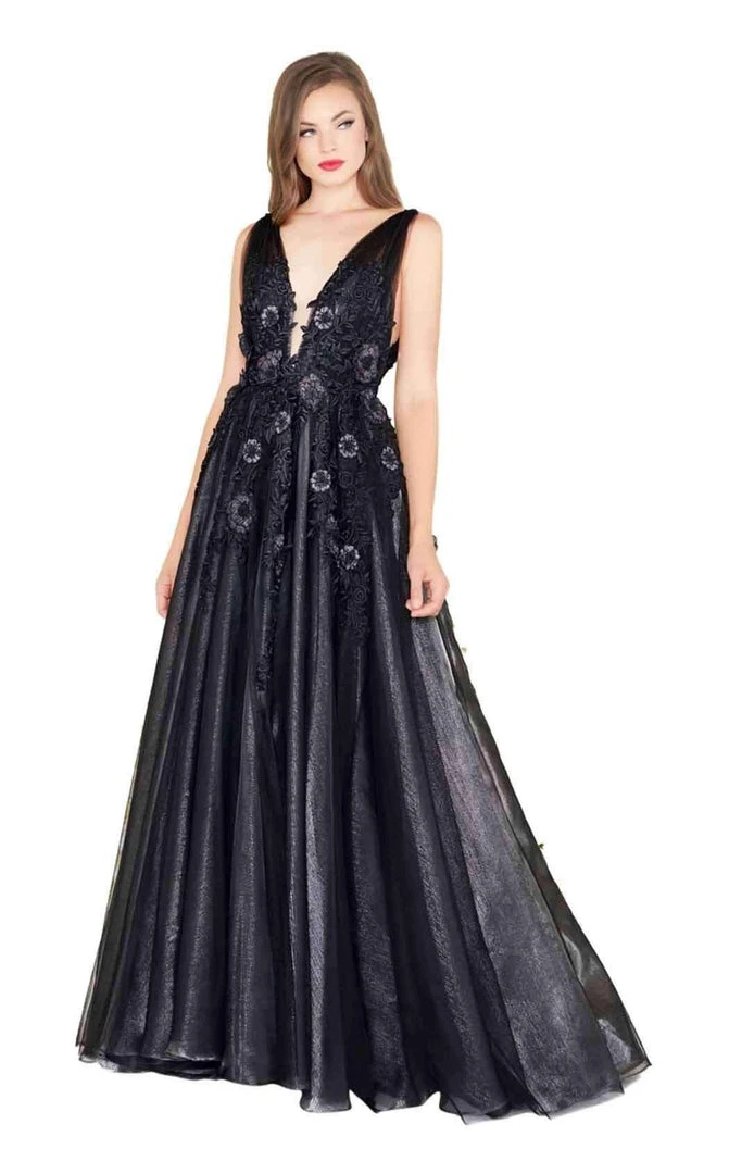 Formal Gowns Mac Duggal Black White Red - 12104R Embroidered V-neck Organza Ballgown 3 Formal Gowns Mac Duggal Black White Red - 12104R Embroidered V-neck Organza Ballgown